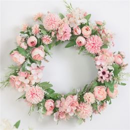 Artificial Silk Flower Wreath Rose Peony pom hydrangea 16in Spring Round Wreath Home Decor for The Front Door Wedding supplies