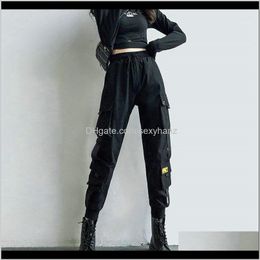 Capris Womens Cargo Pants Black Ribbon Pocket Jogger Elastic Waist High Streetwear Harajuku Pant Punk Females Trousers Harem Pants1 Vf 85Uqy