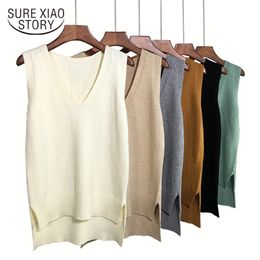 Fashion Winter Brown Sweater Casual Office Lady V-Neck Sleeveless Knitted Vest Women 11983 210415