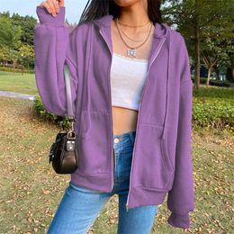 Brown Purple Black Zip Hooded Sweatshirt Winter Jacket Top Oversized Hoodie Retro Pocket Woman Clothes Long Sleeve Pullover 211014