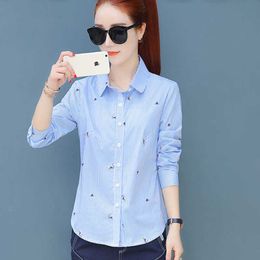 female blouse Casual blue white shirt autumn winter cool long sleeve turn down collar women tops blusas df2253 210609