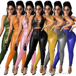 New Sexy PU Leather Tracksuits For Women Hollowed Out Two Pieces Pants Set Fashion Zipper Small Leg Lace Up Vest Suit