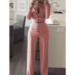 Women Fashion Tracksuits Sets Casual Square Collar Long Sleeve Buttons Sexy Short Cardigan Tops And Slim Long Pants Knitted Suit 210412