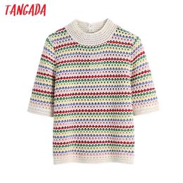 Women Rainbow Striped Casual Jacquard Knitting Sweater Female Chic Short Sleeve Pullovers Hollow Tops BE239 210416