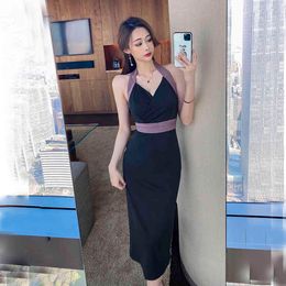 Korean Elegant V-neck Pencil Dress Women Slim Sheath Bodycon Party Dresses Fashion Mid-Calf Patchwork Summer Vestidos 210515