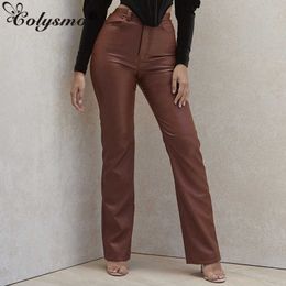 Colysmo PU Leather Woman Pants Zipper Pocket Solid Color Sexy Fitness High Waist Casual Party Trousers Club Goth y2k 210527
