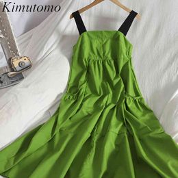 Kimutomo Contrasting Suspender Dress Women Back Tie Bow Clothing Ladies Green Slim Wild Ruffled Vestido Summer 210521