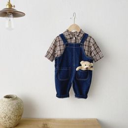 Spring New Kids Baby Clothes Set Boys Long Jeans Infant Toddler Girls Denim Overalls Set Plaid Shirts Trousers 2pcs 210413