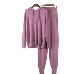 Women's Two Piece Pants Cashmere Casual Knitted Carrot & Hooded Sweater Women Autumn Winter Sets Female Tracksuits Harem Pant