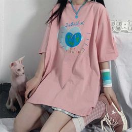 Cute Cartoon Sweet Girls Japanese Streetwear Harajuku Fun Pink Kawaii Casual Tops Ulzzang Vintage Loose Summer Women T-Shirt 210527