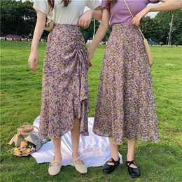 Summer Purple Gentle Wind Rope Small Floral Fishtail Skirt High Waist Long A Women 210529