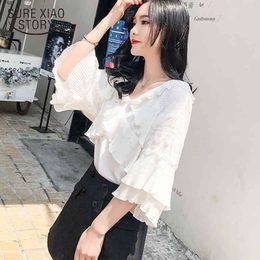 Office Plus Size V Neck Women Shirts White Ladies Tops Summer Flare Short Sleeve Women's Korean Chiffon Blouse 10033 210415