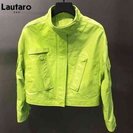 Lautaro Autumn Short Lemon Yellow Leather Jacket Women Zipper Pockets Long Sleeve Colored Harajuku Y2k Clothes Street Style 211118