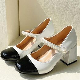Fashion Women Shoes Square Toe Mary Janes Heel Black White Dress Pearl Buckle Pumps High Heels P46