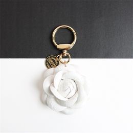 Camellia Flower Keyrings Bag Charms PU Leather Pendant Car Key Chains Accessories Black White Rose Red Jewellery Keychains Rings Hol291M