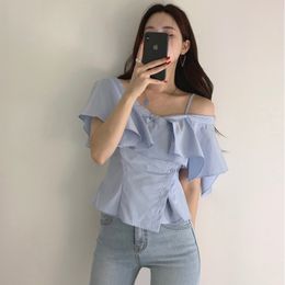 Chic Korean Fashion Clothing Summer Sexy Blue V Neck Off Shoulder Ruffles Blouse Women Irregular Short Blusas De Mujer Wild 210429