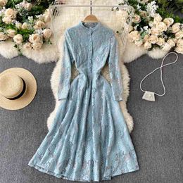 Spring Product Temperament French Vestidos Female Small Stand-up Collar Buttoned Slim Lace Midi Dress GK541 210507