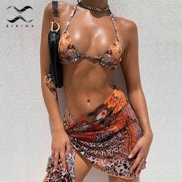 Brazilian floral print swimsuit 3-piece mesh bikini set Triangle micro swimwear women String high cut bathing suit Beach wear X0522