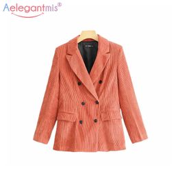 Aelegantmis Spring Women Fashion Corduroy Coat Office Ladies Casual Blazer Pockets Notched Collar Long Sleeve Outerwear 210607