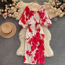 Holiday Women's Fashion Summer Square Neck Hollow High Waist-thin Elegant Print A-line Dress Clothes Vestidos S163 210527