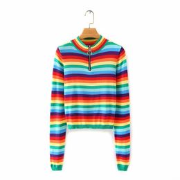 HSA Autumn Winter Slim Wild Stand-up Collar Zipper Pullover Women Fashion Knit Long Sleeve Rainbow Sweet Striped Sweater 210417