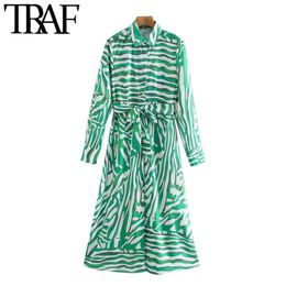 TRAF Women Fashion With Belt Animal Print Midi Dress Vintage Three Quarter Sleeve Button-up Female Dresses Vestidos 210415