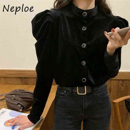 Stand Collar Puff Long Sleeve Single Breast Blouse Women Spring Autumn Velour Black Blusas Elegant Ol Shirt 210422