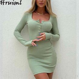 Spring Autumn Knitted Dress Style Long-sleeved Buttoned Skinny Threaded Self-cultivation Solid Color Character 210513
