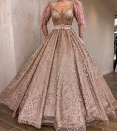 Luxury Prom Dresses Feather Sequins Lace Aoppliqued Sexy Sheer Neck Custom Made A Line Evening Dress Sweep Train Celebrity Party Gown Bling Robe De Mariée