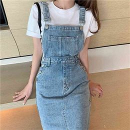 Pockets Korean Medium-Length Dress Women Denim New Fashion Suspender Blue Black Sleeveless Solid A Line Denim Dress Women 987J 210331