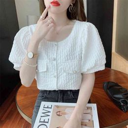 Summer Short Sleeve Top Women Diamond-Studded Square Neck Puff Loose Shirt Female Elegant Blouse White Tops 210601