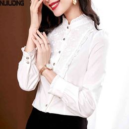 Tops Autumn Chiffon Petal Sleeve Blouse Womens Single-breasted Solid Ruffle Collar Ladies Lace Female Shirts 210514