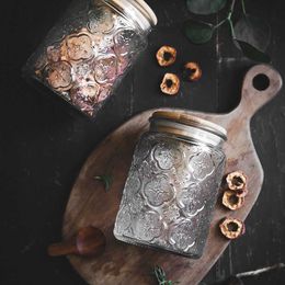 Sealed Glass Jars Retro Vintage Embossed Begonia Flower Food Mason Jar Ornaments Kitchen Storage Can Grains Container