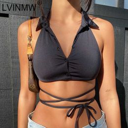 LVINMW Turn-down Collar V Neck Sleeveless Lace Up Sexy Tank Tops Women Lace Up With Buttons Backless Slim Solid Trendy Crop Top Y0622