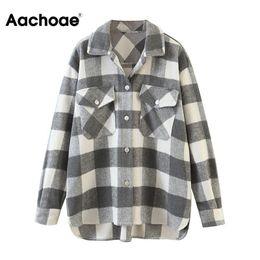 Aachoae Women Vintage Tweed Plaid Shirt Jacket Long Sleeve Single Breasted Coat With Pockets Turn Down Collar Ladies Jackets 210413