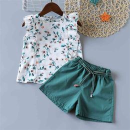 Fashion Flowers Flying Sleeves T-shirt + Solid Colour Shorts Children's Clothes Summer Girls Clothing Set 210515