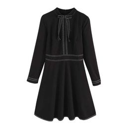 PERHAPS U Black O Neck Full Long Sleeve Fit And Flare Solid Knee Length Bow Autumn Winter Dress Elegant D0829 210529