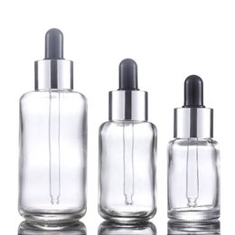 Clear Glass Essential Oil Perfume Bottle 30ml 50ml 100ml Pipette Dropper Bottles with Silver Cap Wholesale