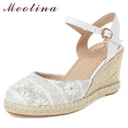 Meotina Women Shoes Wedges High Heel Sandals Espadrille Shoes Buckle Round Toe Ladies Footwear Summer Black White Size 33-44 210608