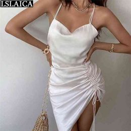 Sexy Dress Women Skinny Fashion Arrival White Mini es for Night Club Sleeveless Halter Strap Smocked 210515