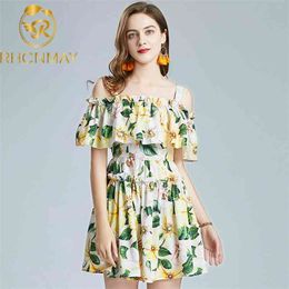 Print Women dress Summer Straight collar High waist female Cape sling MiNi es ruffled Sexy 210506