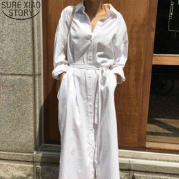 Blouse Women Shirt Dresses Spring Fashion White Long Sleeve Turn Down Collar Single Breasted Sashes Dress 12806 210417