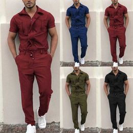 Jumpsuit Men Overalls Casual Fashion Work Wear Men Stylish Short Sleeve Pockets Drawstring Zip Jumpsuit Coverall Work Clothes X0615