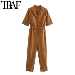 Women Chic Fashion With Pockets Button-up Jumpsuits Vintage Short Sleeve Elastic Waist Female Playsuits Mujer 210507