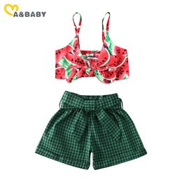 6M-4Y Summer Toddlder Infant Baby Kid Girl Clothes Set Watermelon Print Bow Vest Tops Shorts Clothing Outfits 210515