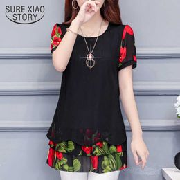 fashion plus size short sleeve women shirts summer chiffon loose casual printing O-Neck women blouses 4610 50 210527
