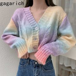 Gagarich Women Sweet Cardigan Autumn Long-Sleeved Tie-Dye Sweater Loose V-neck Short Navel Tops Ladies Fashion 211011