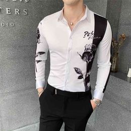 Fashion Patchwork Colour Shirt Men Slim Fit Autumn Long Sleeve Shirts All Match Digital Print Blouse Clothing 210721