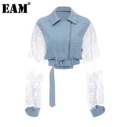 [EAM] Loose Fit Lace Split Joint Blue Denim Jacket Lapel Long Sleeve Women Coat Fashion Spring Autumn 1D638 210512