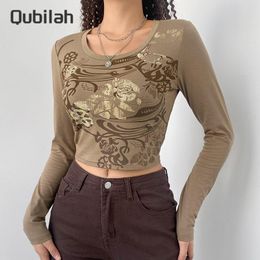 Women's T-Shirt Khaki Top Women Long Sleeve Y2k Crop 2021 Autumn Winter Retro Printed O Neck Slim Short Pullover Bottoming Shirt